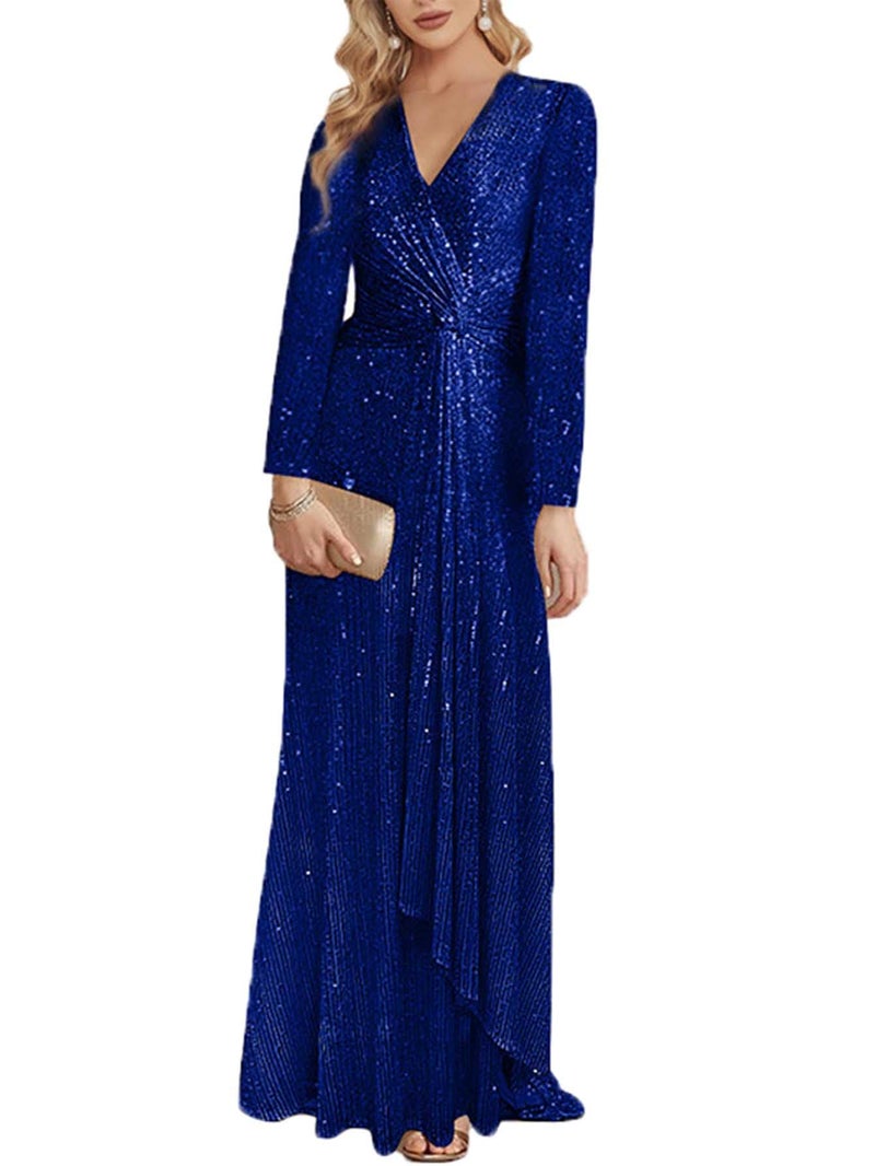 meilun Blue Long Sleeve Sequin Dress for Women Formal Gowns Sparkly V Neck Maxi Dress for Wedding Guest,3XL - Image 1