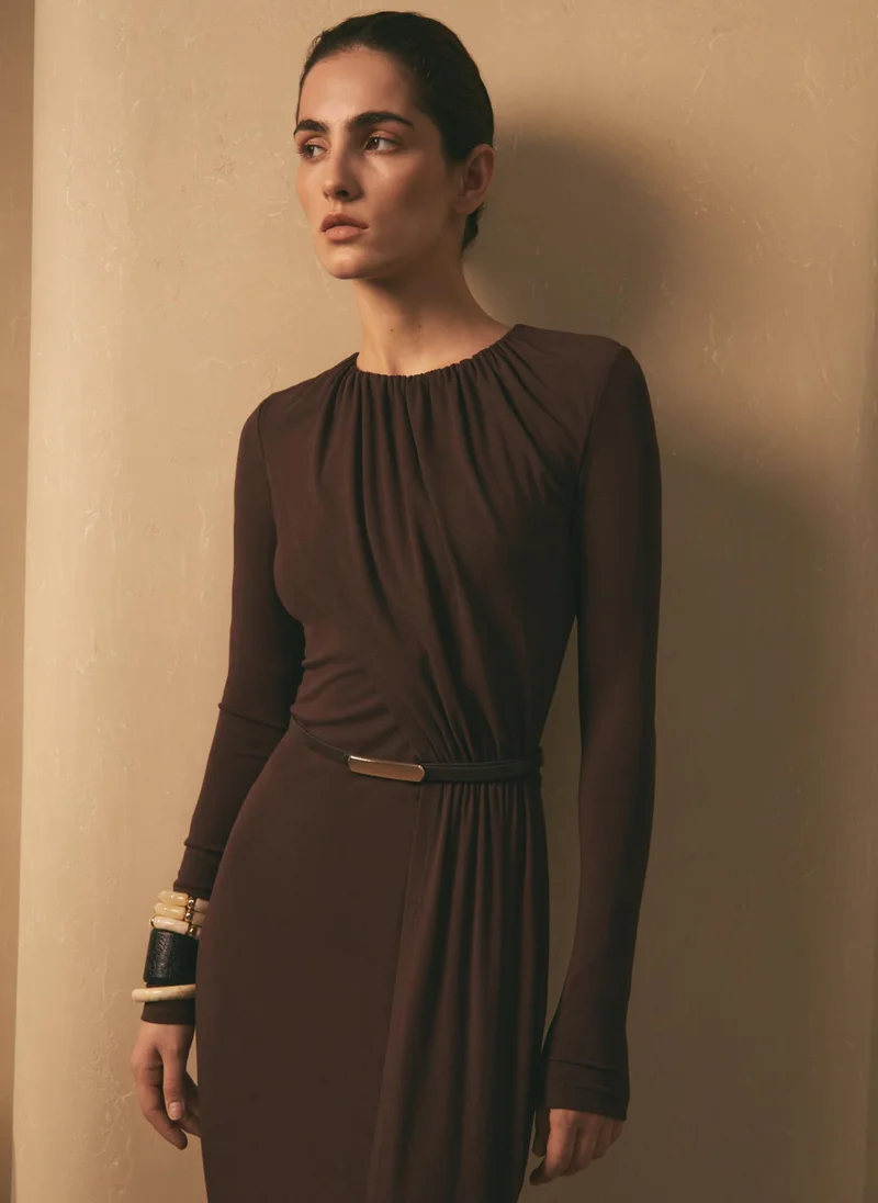 Lichi  Viscose jersey midi dress with matching belt for Women | Best Price UAE