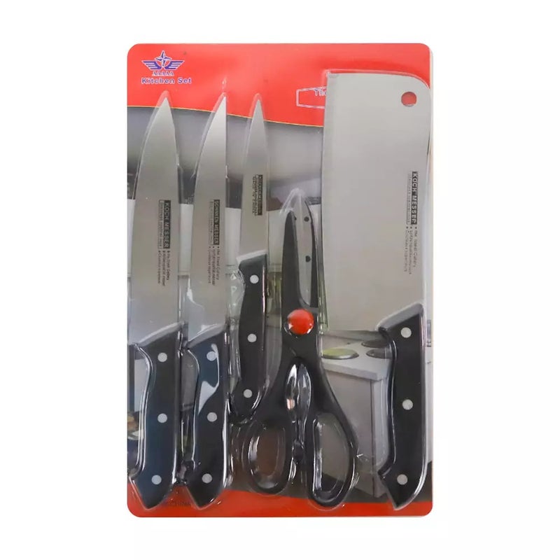 Essential Black Kitchen Knife Set With Wooden Cutting Board- 6pcs Set
