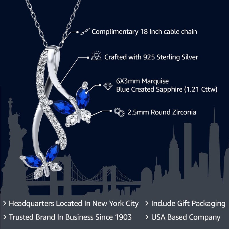 Gem Stone King 925 Sterling Silver Created Blue Sapphire Necklace | Butterfly Infinity Pendant Necklace for Women | 1.21 Ct Marquise | With 18 Inch Silver Chain - Image 2