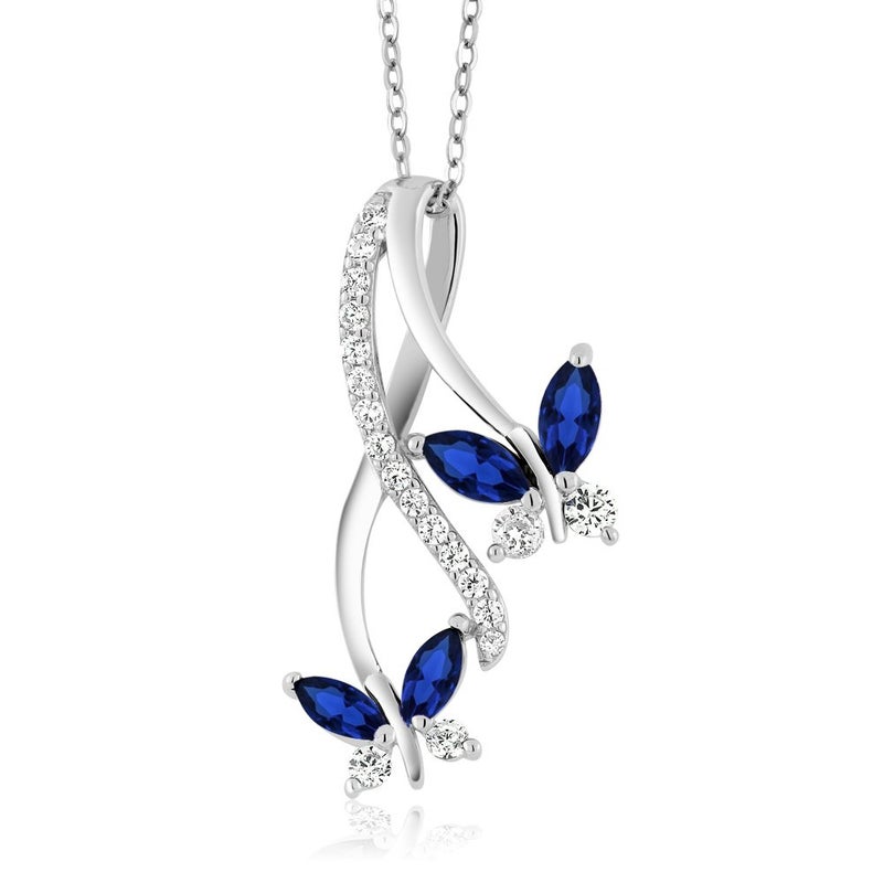 Gem Stone King 925 Sterling Silver Created Blue Sapphire Necklace | Butterfly Infinity Pendant Necklace for Women | 1.21 Ct Marquise | With 18 Inch Silver Chain - Image 1