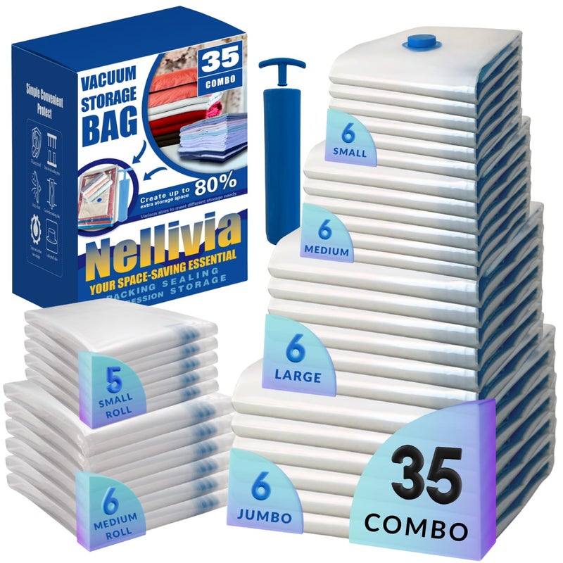 Nellivia 35 Pack Vacuum Storage Bags with Pump, Compression Space Saver for Comforters, Bedding, Blanket Storage, Vacuum Seal Bags for Clothing, Luggage and Closet Organizer, Safe Poly Material - Image 1