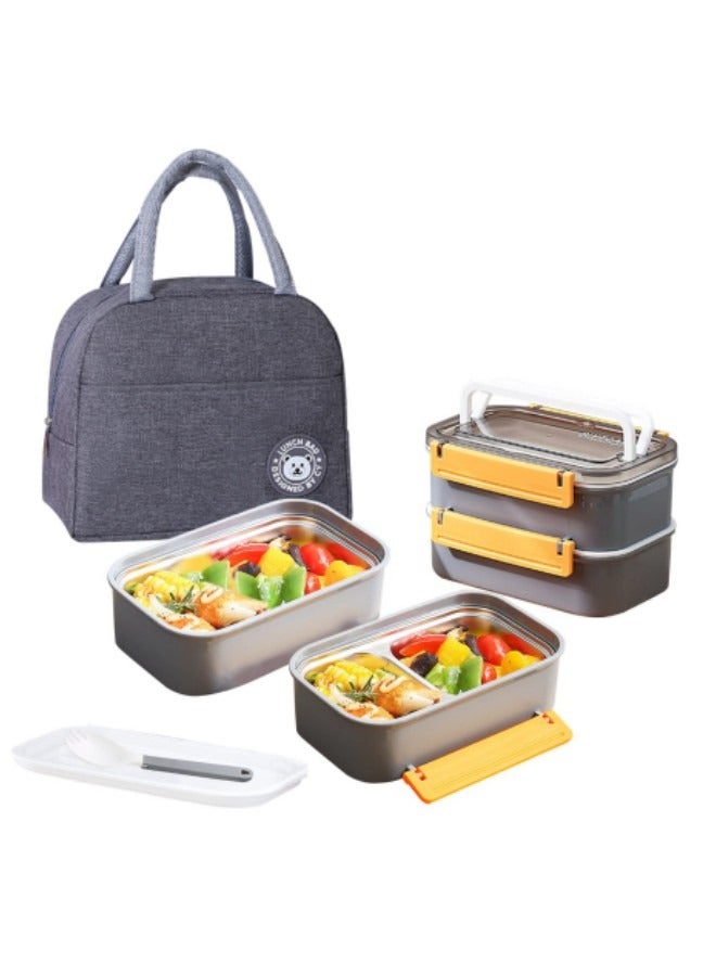 GGEROU Stainless Steel Lunch Box Double-Layer Insulated Bento Box with Compartments and Tableware 1.6L Grey - Image 1