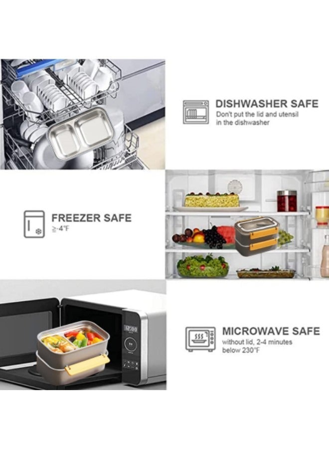 GGEROU Stainless Steel Lunch Box Double-Layer Insulated Bento Box with Compartments and Tableware 1.6L Grey - Image 5