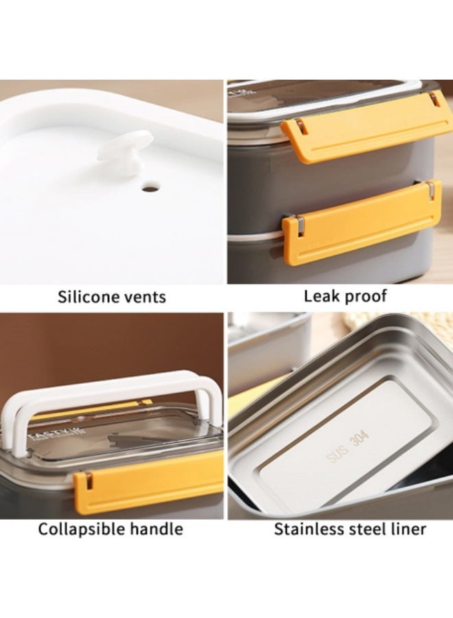 GGEROU Stainless Steel Lunch Box Double-Layer Insulated Bento Box with Compartments and Tableware 1.6L Grey - Image 4