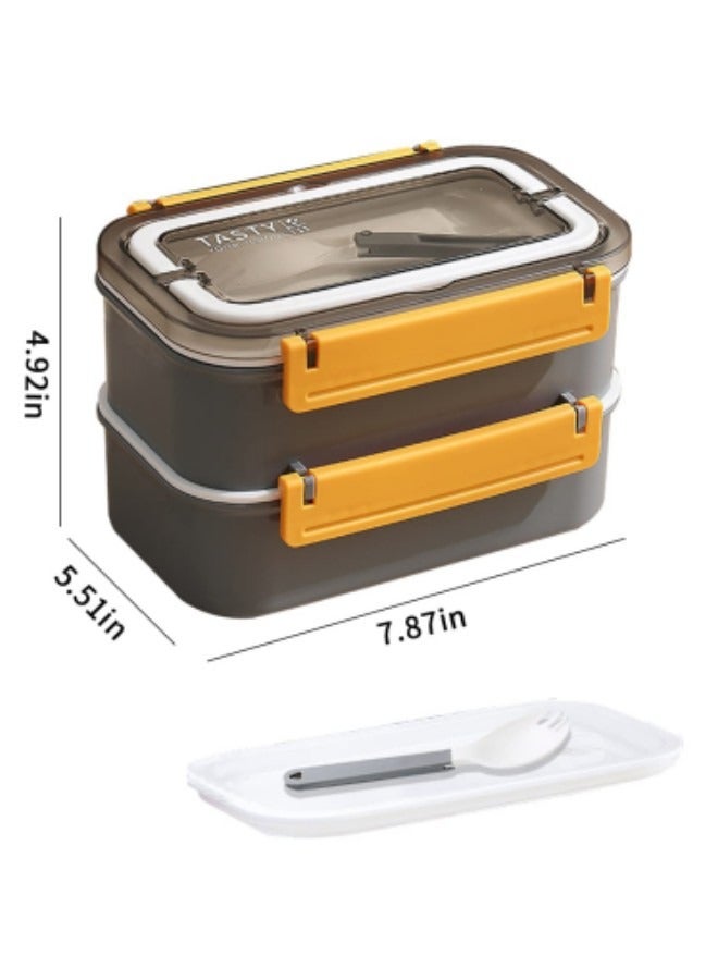 GGEROU Stainless Steel Lunch Box Double-Layer Insulated Bento Box with Compartments and Tableware 1.6L Grey - Image 2