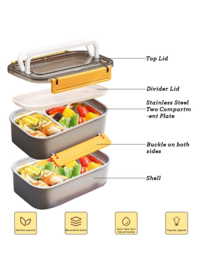 GGEROU Stainless Steel Lunch Box Double-Layer Insulated Bento Box with Compartments and Tableware 1.6L Grey - Image 3