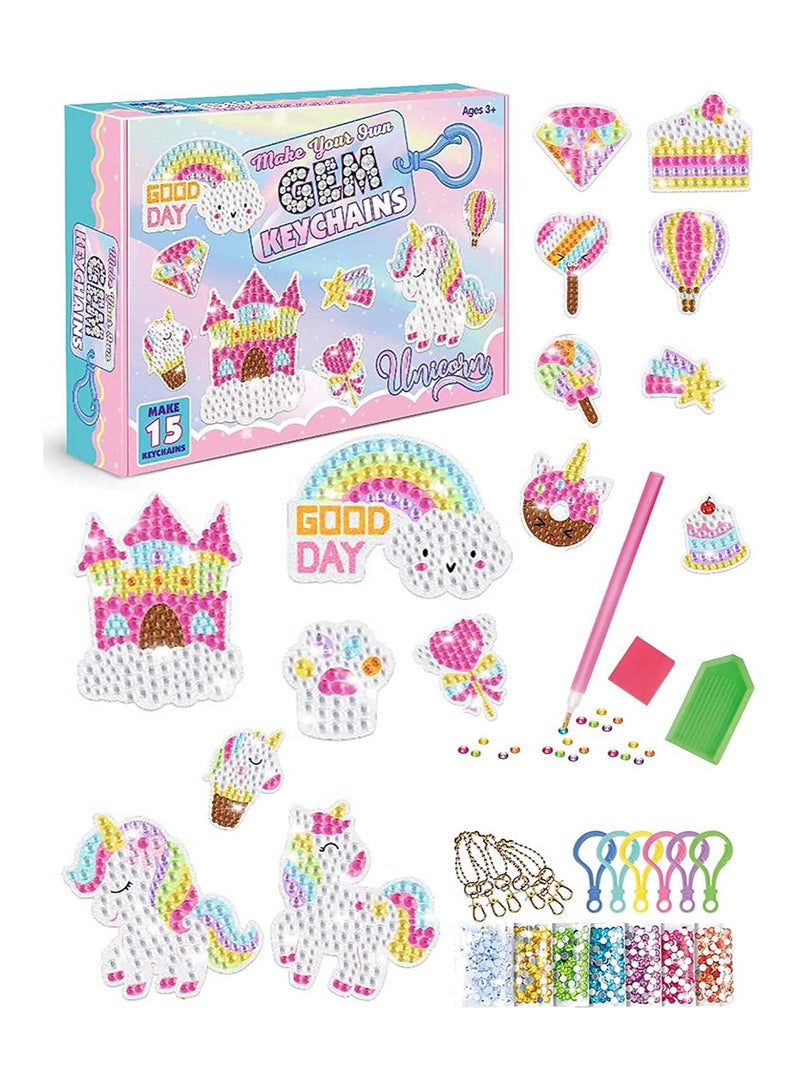 Excefore Arts and Crafts for Girls 15pcs Gem Keychains Mosaic Diamond Painting Kits for Kids Ages 4-6-8-10-12 Paint by Number Accessories Toys and Gifts for Children (Unicorn Set)  - Image 1