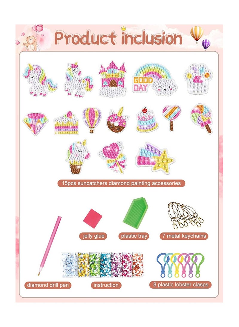 Excefore Arts and Crafts for Girls 15pcs Gem Keychains Mosaic Diamond Painting Kits for Kids Ages 4-6-8-10-12 Paint by Number Accessories Toys and Gifts for Children (Unicorn Set)  - Image 2