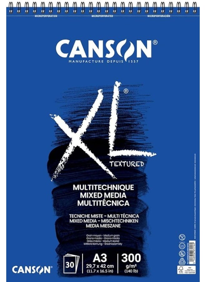 CANSON A3 Size 30 Sheets 300gsm XL Textured Mixed Media Spiral Pad White Sheets Ideal for Professional Artists & Illustrators - Image 1