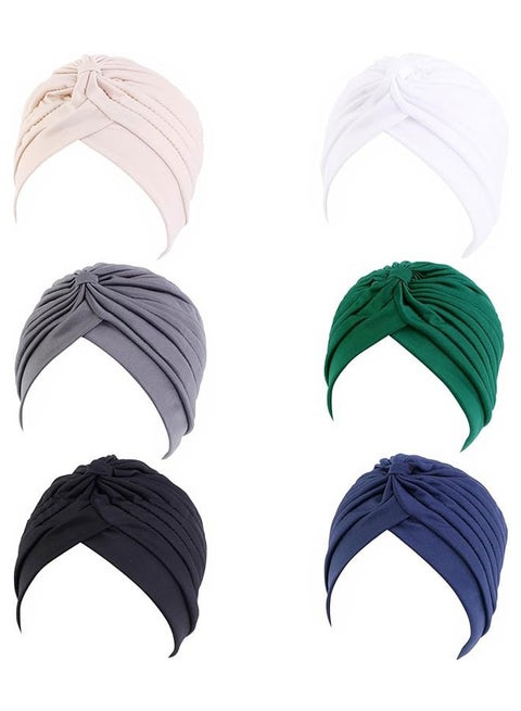 6pcs Turbans for Women Stretch Slouchy Head Beanie Cover Pre-Tied Knot Twisted Pleated Headwrap Headwear, Polyester Assorted Colors