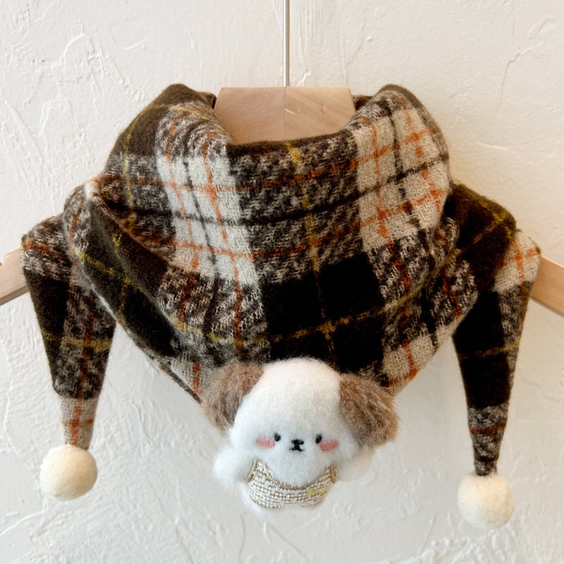 Kids Winter Triangle Scarf Warm Neck Wrap 6#Brown plaid big-eared dog 