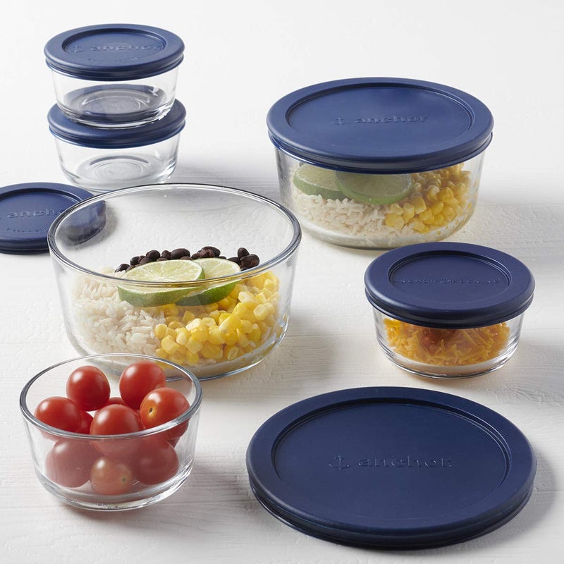 Anchor Hocking 12 Piece Glass Storage Containers with Lids (6 Glass Food Storage Containers & 6 Navy Blue SnugFit Lids) - Image 2