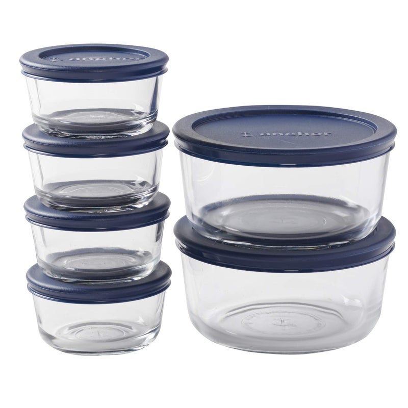 Anchor Hocking 12 Piece Glass Storage Containers with Lids (6 Glass Food Storage Containers & 6 Navy Blue SnugFit Lids) - Image 1