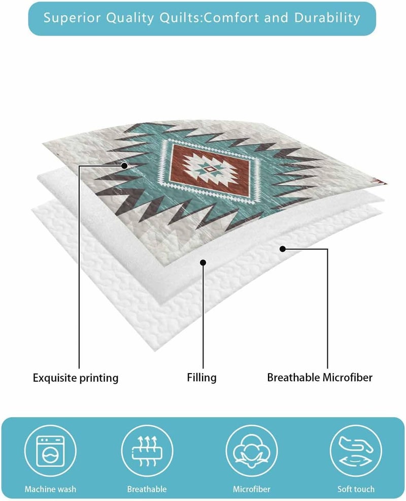 Quilts Twin XL Size Bedding Set, Turquoise Red Boho Lightweight Quilted Comforter, Southwestern Ethnic Aztec Retro Geometric Reversible Bedspread Coverlet with Pillow Covers for All Season, 68" x 98" - Image 5