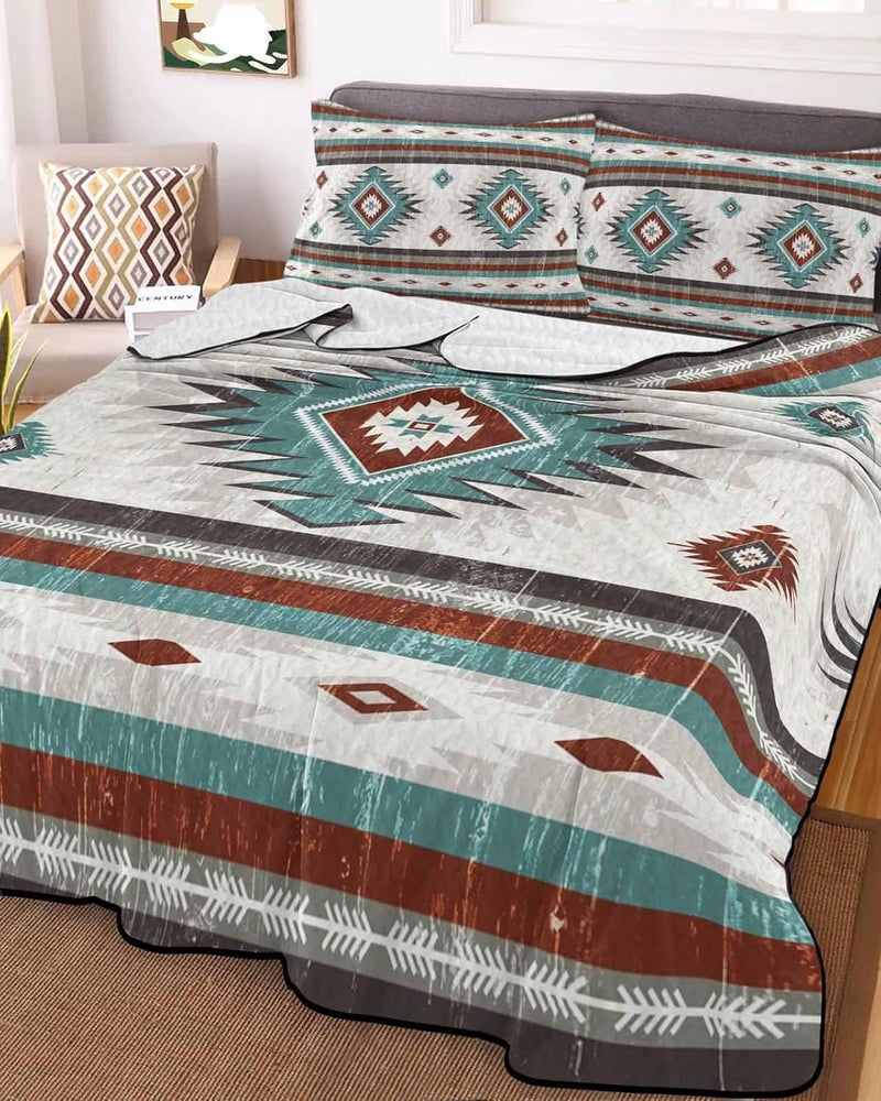 Quilts Twin XL Size Bedding Set, Turquoise Red Boho Lightweight Quilted Comforter, Southwestern Ethnic Aztec Retro Geometric Reversible Bedspread Coverlet with Pillow Covers for All Season, 68" x 98" - Image 2
