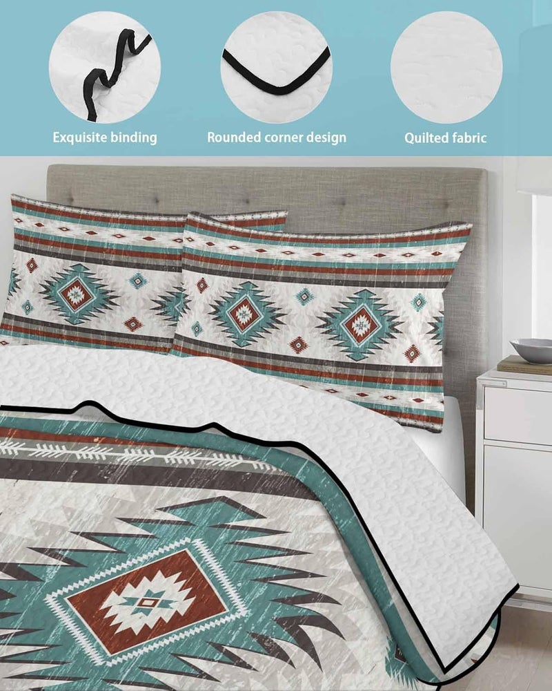 Quilts Twin XL Size Bedding Set, Turquoise Red Boho Lightweight Quilted Comforter, Southwestern Ethnic Aztec Retro Geometric Reversible Bedspread Coverlet with Pillow Covers for All Season, 68" x 98" - Image 4