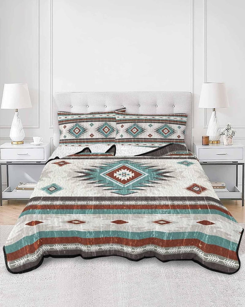 Quilts Twin XL Size Bedding Set, Turquoise Red Boho Lightweight Quilted Comforter, Southwestern Ethnic Aztec Retro Geometric Reversible Bedspread Coverlet with Pillow Covers for All Season, 68" x 98" - Image 3