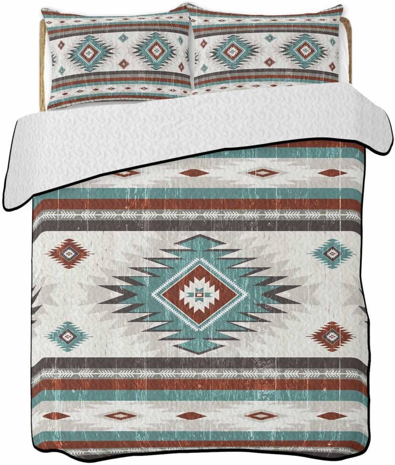 Quilts Twin XL Size Bedding Set, Turquoise Red Boho Lightweight Quilted Comforter, Southwestern Ethnic Aztec Retro Geometric Reversible Bedspread Coverlet with Pillow Covers for All Season, 68" x 98" - Image 1