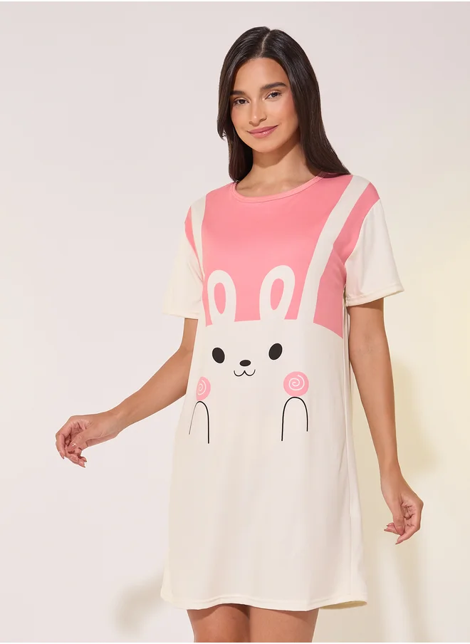 Styli Graphic Print Round Neck Sleep T-Shirt Dress
