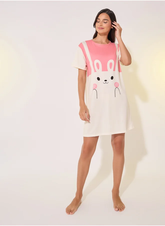 Styli Graphic Print Round Neck Sleep T-Shirt Dress