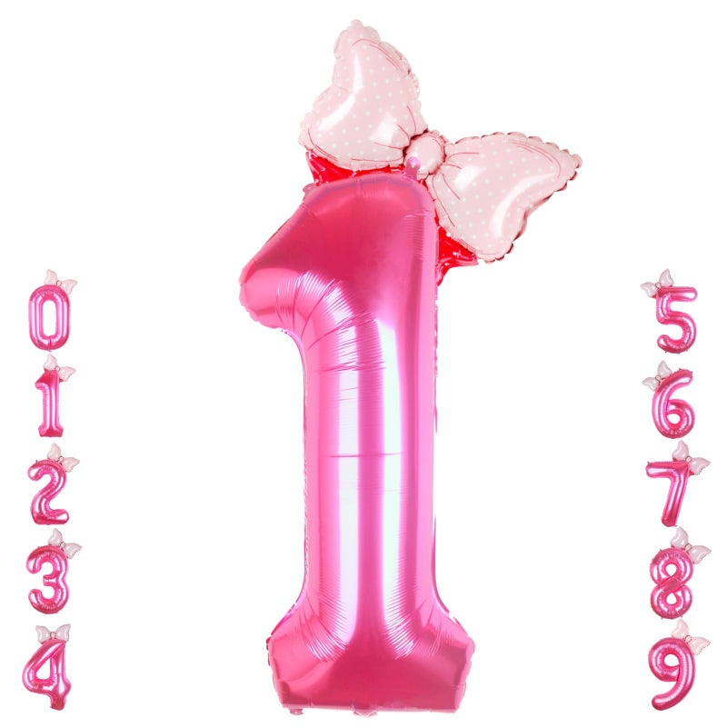 Kwuz 40 Inch Pink Number 1 Balloon with Mini Bow Balloon for Girls 1st Birthday Decorations, Pink Mouse Princess Western Cowgirl Theme Birthday Party Balloons Decorations Supplies - Image 1