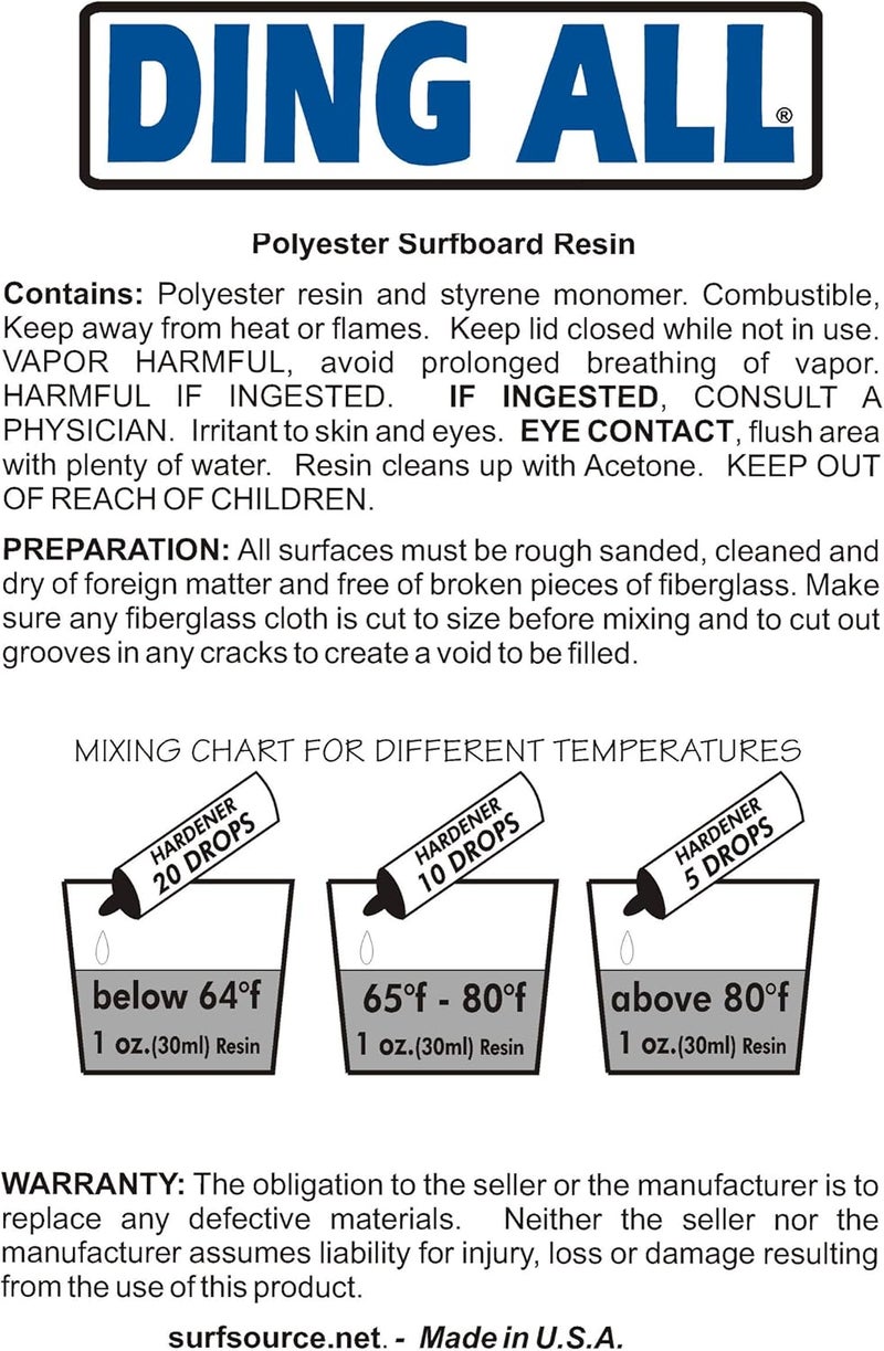 Ding All Polyester Sanding Resin with Catalyst - Smooth and Non-Tacky Product for Surfboard Repairs - 8 oz - Image 5