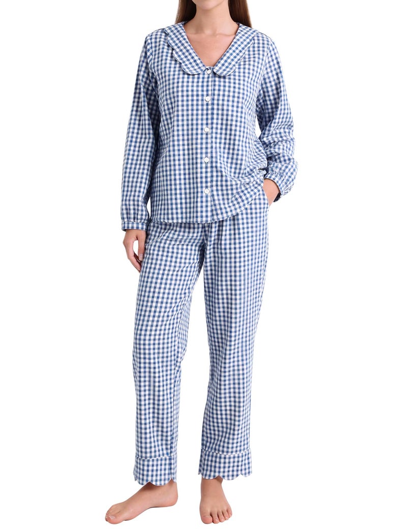 PEHMEA Women's Plaid Pajamas Set 2 Piece Cotton Gingham Sleepwear Puff Sleeve Scalloped Babydoll Shirt Lounge Pj Sets(Navy-L) - Image 1