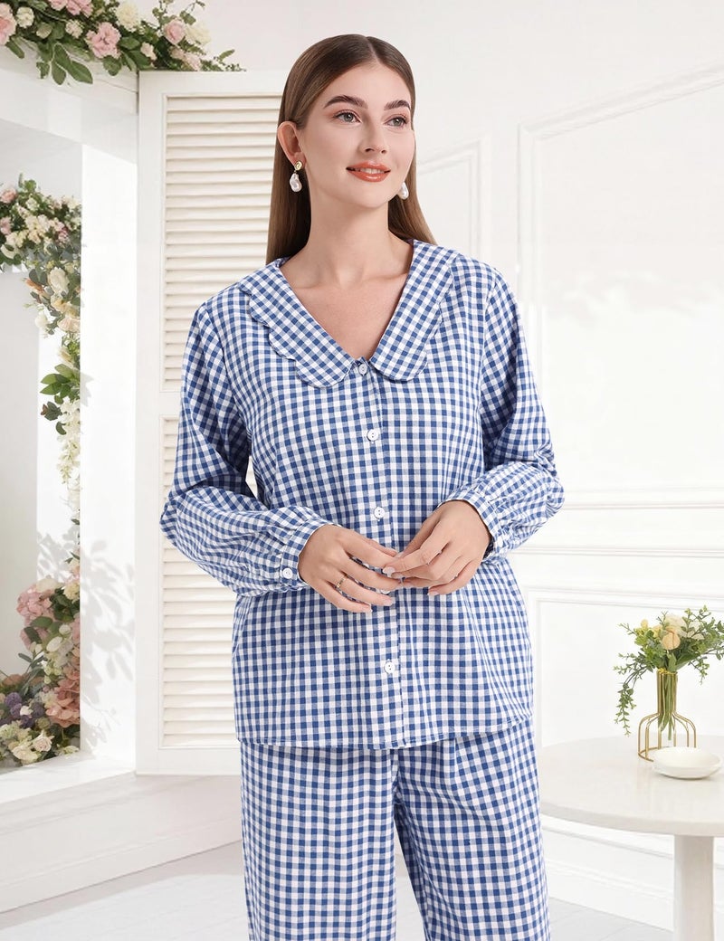 PEHMEA Women's Plaid Pajamas Set 2 Piece Cotton Gingham Sleepwear Puff Sleeve Scalloped Babydoll Shirt Lounge Pj Sets(Navy-L) - Image 2