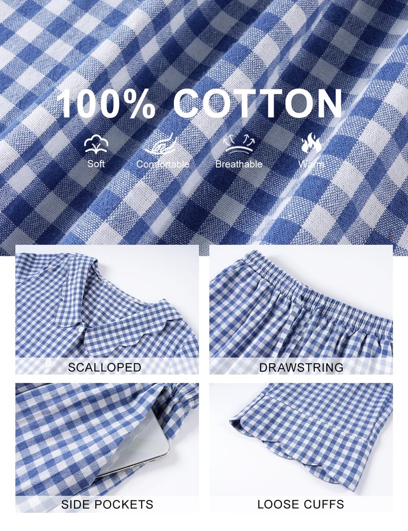 PEHMEA Women's Plaid Pajamas Set 2 Piece Cotton Gingham Sleepwear Puff Sleeve Scalloped Babydoll Shirt Lounge Pj Sets(Navy-L) - Image 4