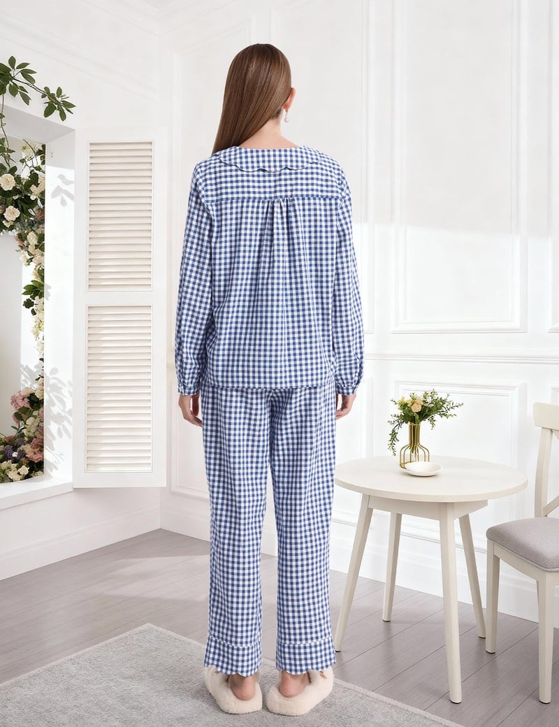 PEHMEA Women's Plaid Pajamas Set 2 Piece Cotton Gingham Sleepwear Puff Sleeve Scalloped Babydoll Shirt Lounge Pj Sets(Navy-L) - Image 5