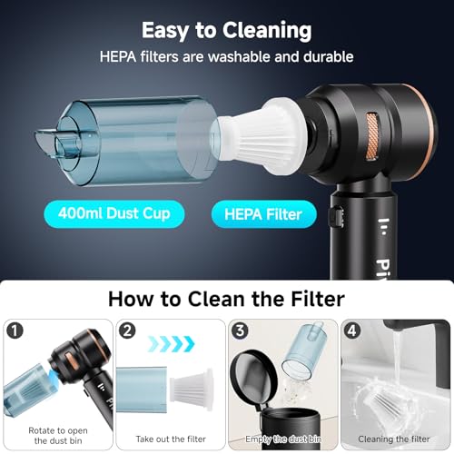 Piwosa Handheld Vacuum Cordless, Car Vacuum Cleaner with Brushless Motor, Strong Suction Vacuum & Compressed Air Dusters with LED Light, Wireless Mini Portable Hand Vacuum Blower for Home, Pet (Black) - Image 5