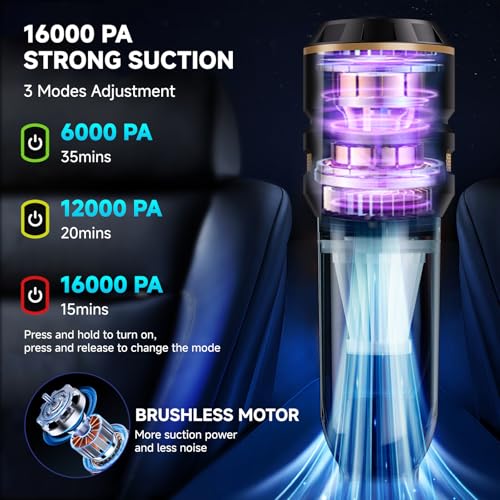 Piwosa Handheld Vacuum Cordless, Car Vacuum Cleaner with Brushless Motor, Strong Suction Vacuum & Compressed Air Dusters with LED Light, Wireless Mini Portable Hand Vacuum Blower for Home, Pet (Black) - Image 2