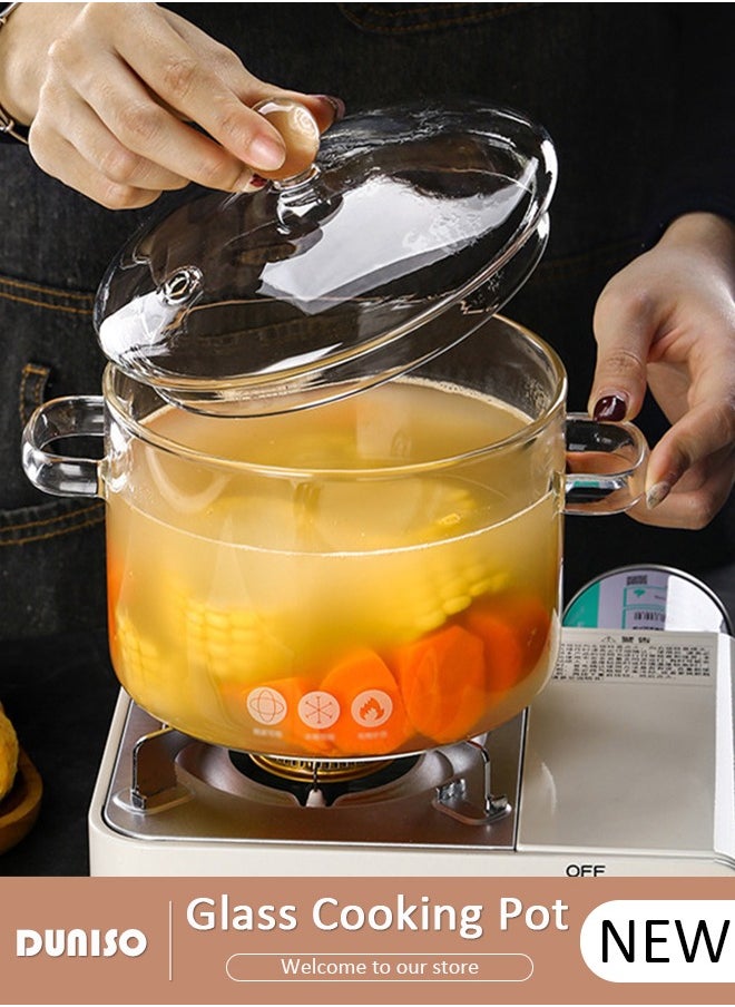 DUNISO - Glass Cooking Pot with Lid and Double Handles, Heat Resistant Borosilicate Glass Cookware Stovetop Pot Set, Casserole Dish, Simmer Pot with Cover Safe for Soup, Milk, Baby Food, Noodles - Image 1