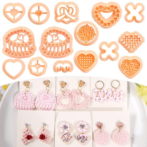 Puocaon Valentine's Day Clay Cutters - 15 Pcs Vintage Cake Theme Valentine Polymer Clay Cutters for Earrings Jewelry, Dessert Donut Bread Waffle Biscuit Design - Image 1