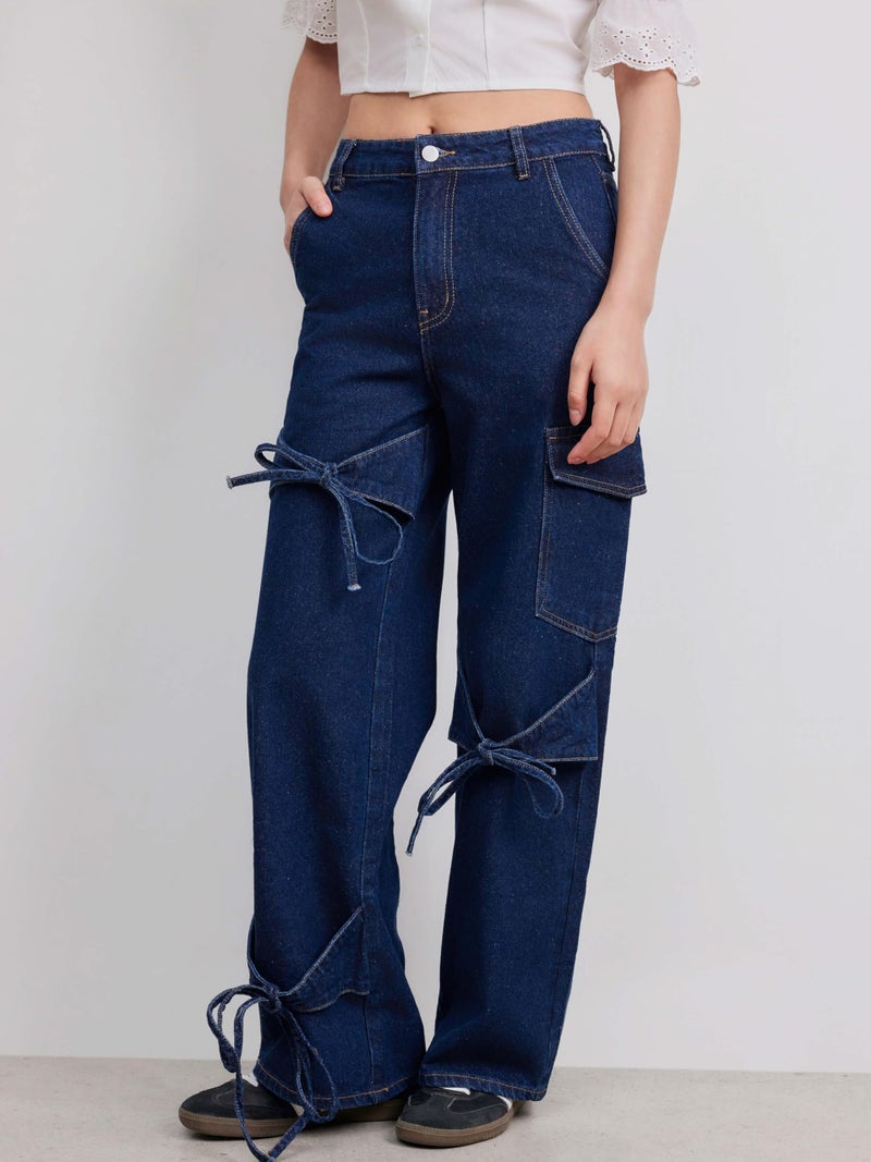 CIDER Baggy Jeans for Women Low Waisted Wide Straight Leg Bow Jeans Denim Pants: Dark Denim, XXS - Image 2