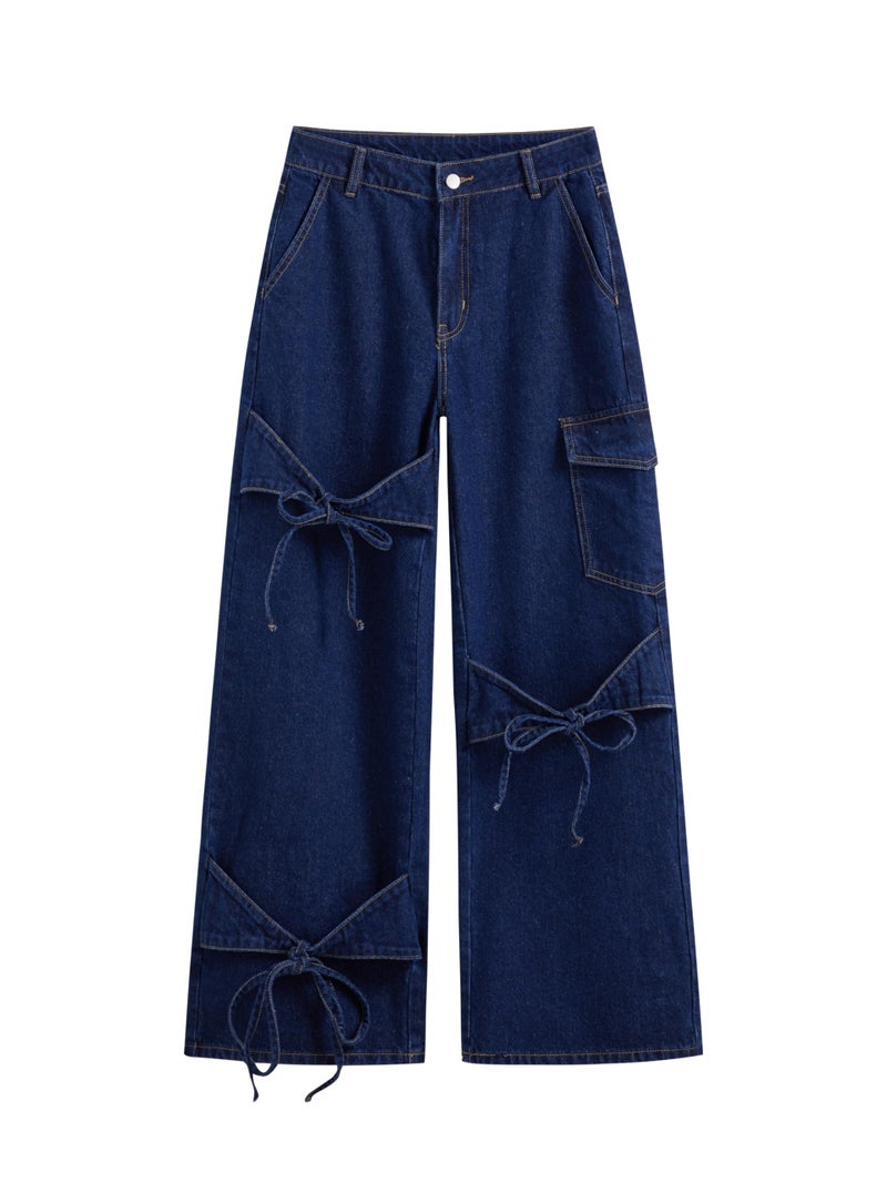 CIDER Baggy Jeans for Women Low Waisted Wide Straight Leg Bow Jeans Denim Pants: Dark Denim, XXS - Image 1