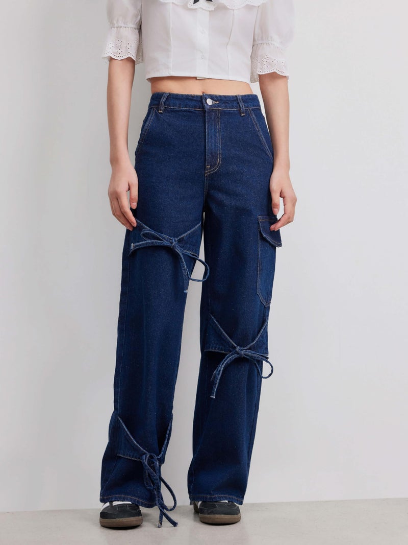 CIDER Baggy Jeans for Women Low Waisted Wide Straight Leg Bow Jeans Denim Pants: Dark Denim, XXS - Image 3