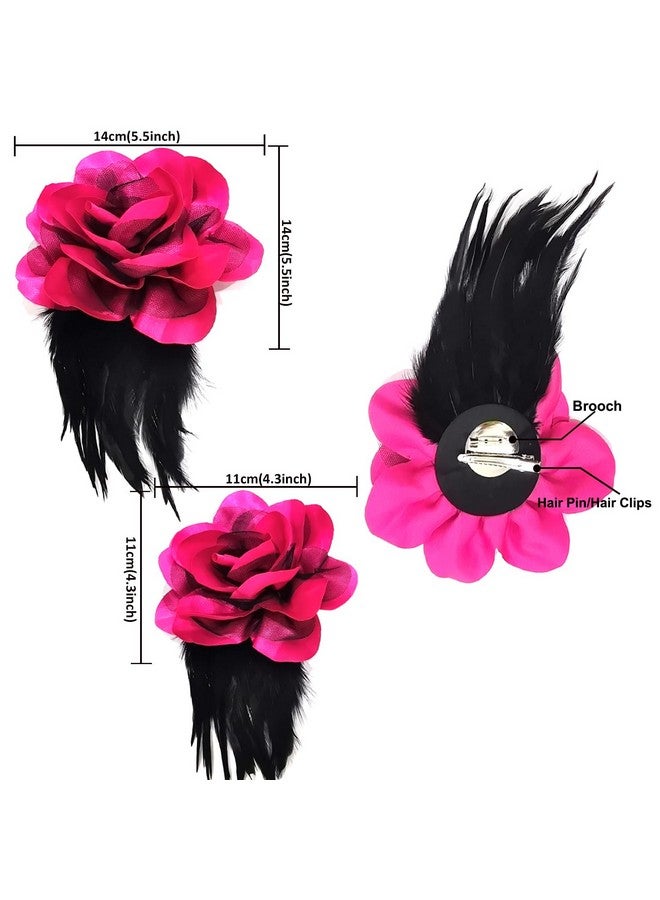 Sanrich 4Pack Mexican Flower Hair Clips Large Rose Hairpin Headpieces With Feather Hair Accessories Flower Brooch For Bridal Headpieceflamenco Dancer (Hot Pink) - Image 3