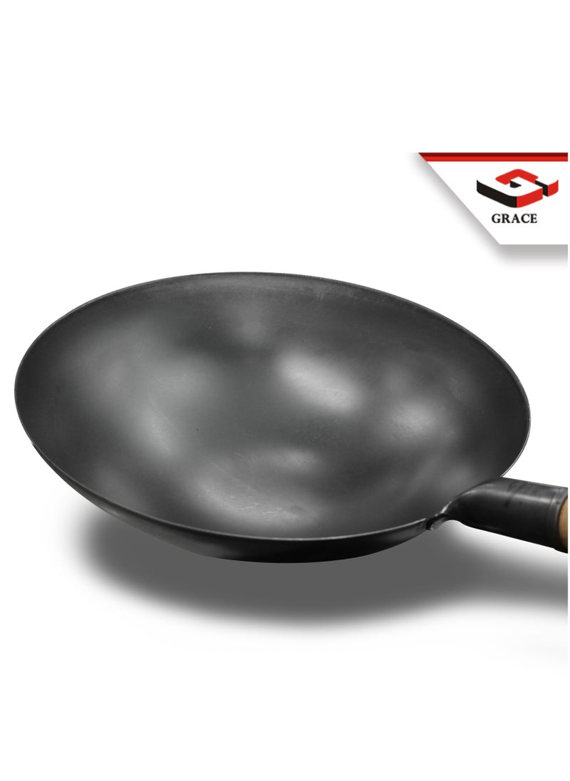 Grace - Carbon Steel Round Bottom Traditional Black Chinese Wok for Home and Restaurant Kitchen with Wooden Handle - Image 1