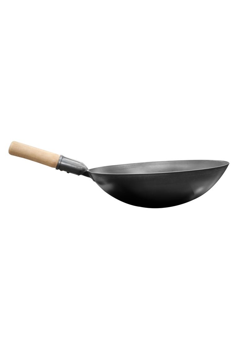 Grace - Carbon Steel Round Bottom Traditional Black Chinese Wok for Home and Restaurant Kitchen with Wooden Handle - Image 1