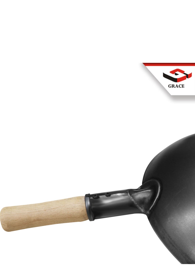 Grace - Carbon Steel Round Bottom Traditional Black Chinese Wok for Home and Restaurant Kitchen with Wooden Handle - Image 1