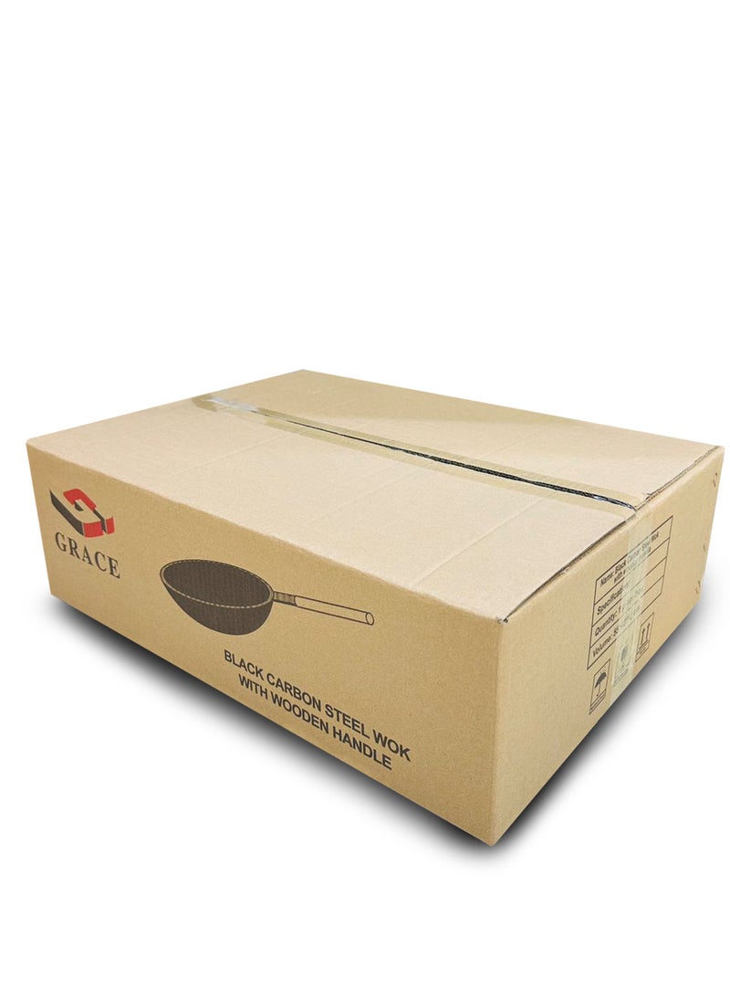 Grace - Carbon Steel Round Bottom Traditional Black Chinese Wok for Home and Restaurant Kitchen with Wooden Handle - Image 1