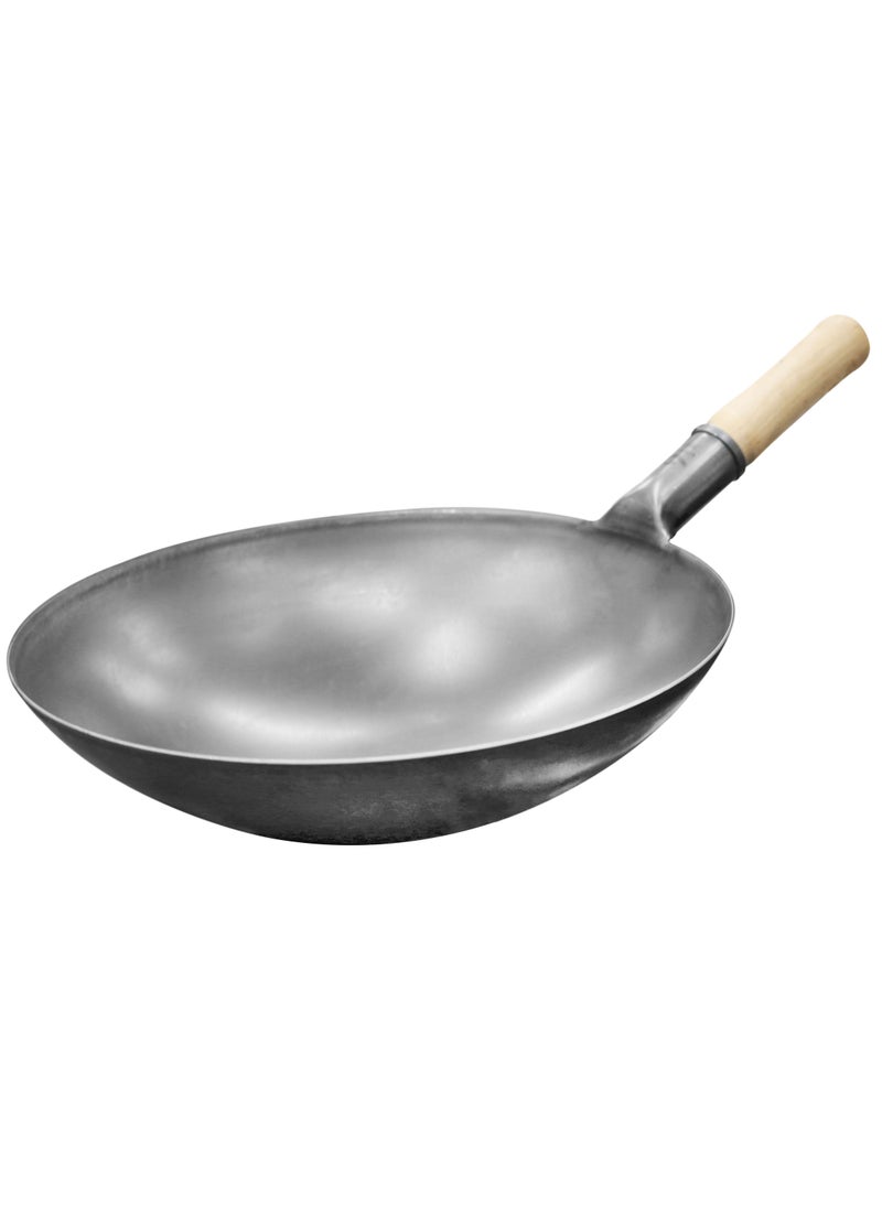 Grace - Carbon Steel Round Bottom Traditional Black Chinese Wok for Home and Restaurant Kitchen with Wooden Handle - Image 1