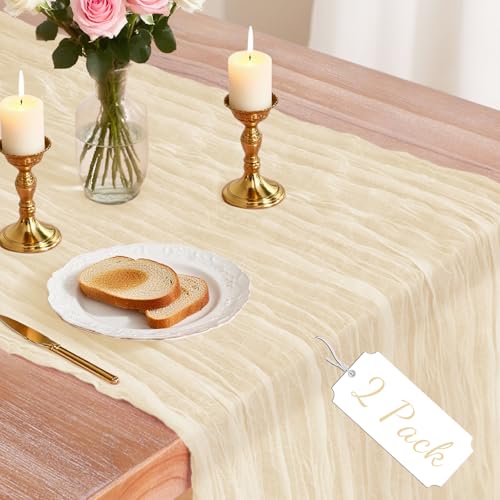 Jamestry 2 Pack Beige Cheesecloth Table Runner, 10Ft Boho Gauze Cheese Cloth Table Runners for Wedding, Party, Dinner, Baby Shower, 120 Inches Long Table Runner for Valentine's Day, Easter, Mother's Day Decor - Image 1
