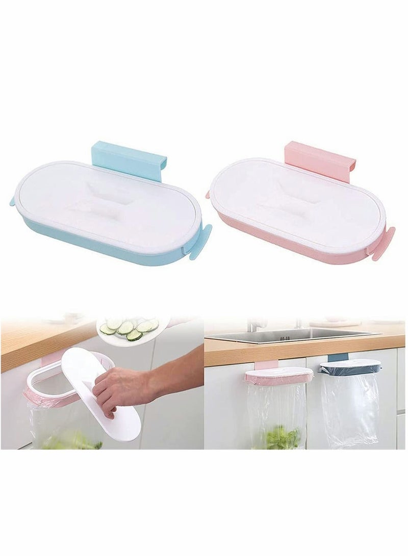 2Pack Portable Trash Bag Holder, Plastic Cupboard Hanging Garbage Bag Hanger with Lid for Kitchen Cupboard Cabinets Door Waste Bins Basket Trash Can Storage Rack (Pink, Light Blue) - Image 1