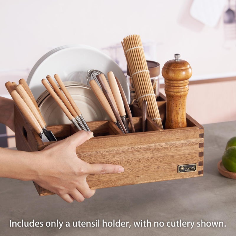 SANOSY Acacia Wood Utensil Holder, Paper Plate Dispenser Organizer for Countertop - 6 Compartment Silverware Caddy for Friendsgiving Party - Cutlery Holder for Cup, Fork, Spoon, Kitchen, Camping, Buffet - Image 3
