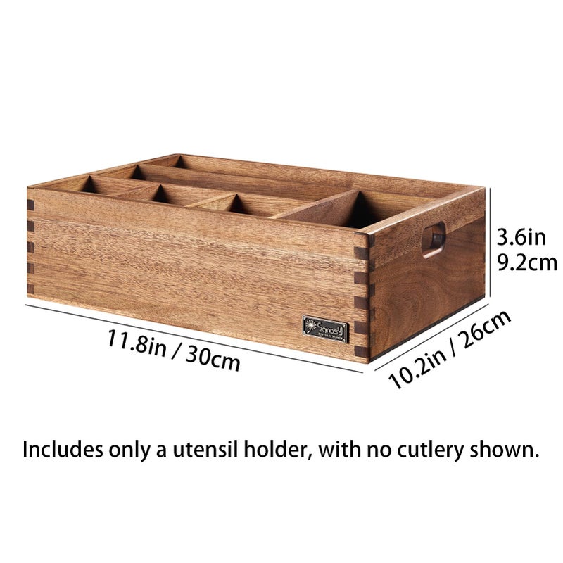 SANOSY Acacia Wood Utensil Holder, Paper Plate Dispenser Organizer for Countertop - 6 Compartment Silverware Caddy for Friendsgiving Party - Cutlery Holder for Cup, Fork, Spoon, Kitchen, Camping, Buffet - Image 2