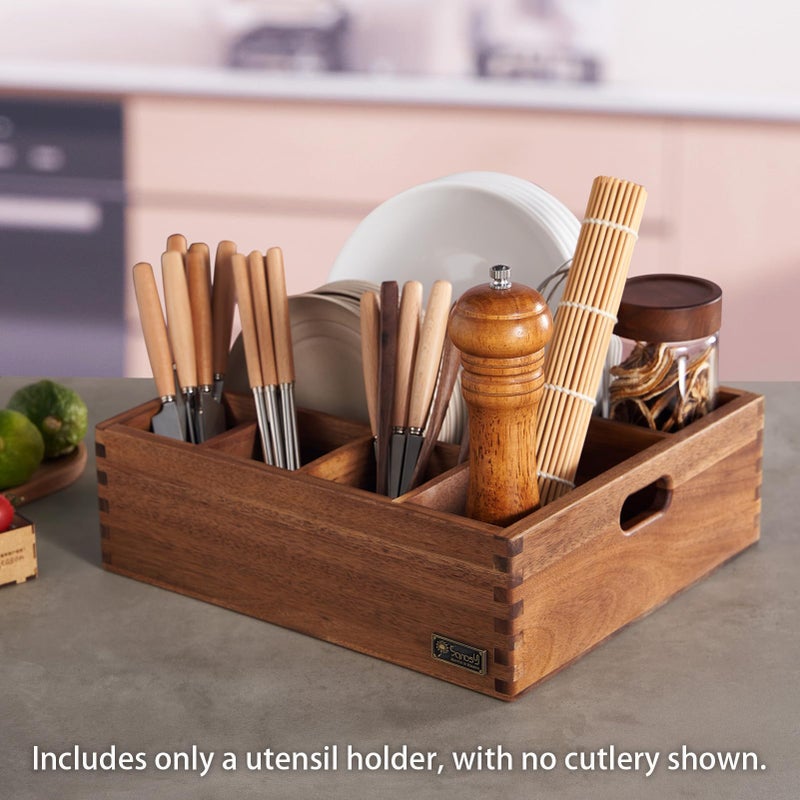 SANOSY Acacia Wood Utensil Holder, Paper Plate Dispenser Organizer for Countertop - 6 Compartment Silverware Caddy for Friendsgiving Party - Cutlery Holder for Cup, Fork, Spoon, Kitchen, Camping, Buffet - Image 5