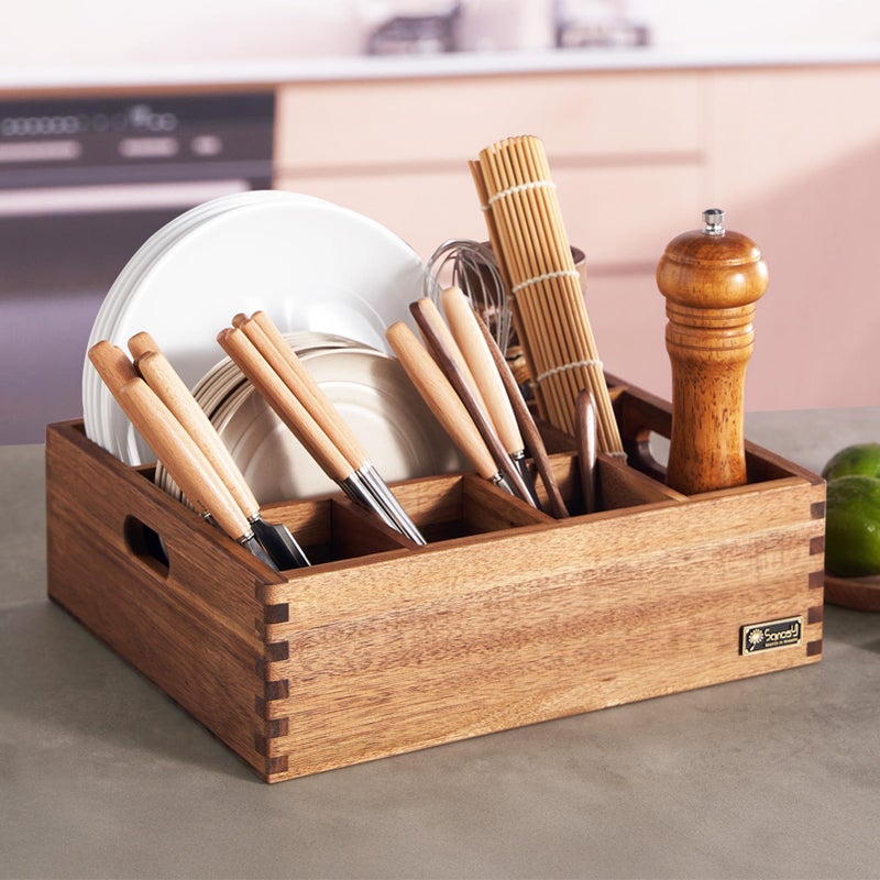 SANOSY Acacia Wood Utensil Holder, Paper Plate Dispenser Organizer for Countertop - 6 Compartment Silverware Caddy for Friendsgiving Party - Cutlery Holder for Cup, Fork, Spoon, Kitchen, Camping, Buffet - Image 1